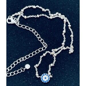 925 Sterling Silver Necklace Anklet 12–16" Station Beads Blue CZ Evil Eye Charm